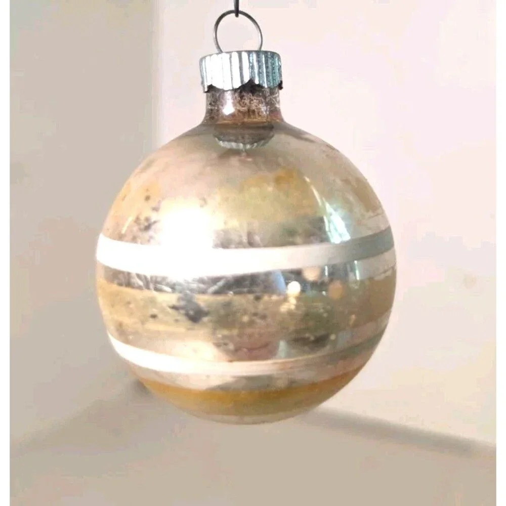 VTG Shiny Brite Gold Silver White Striped Mercury Glass Ball Christmas Ornament